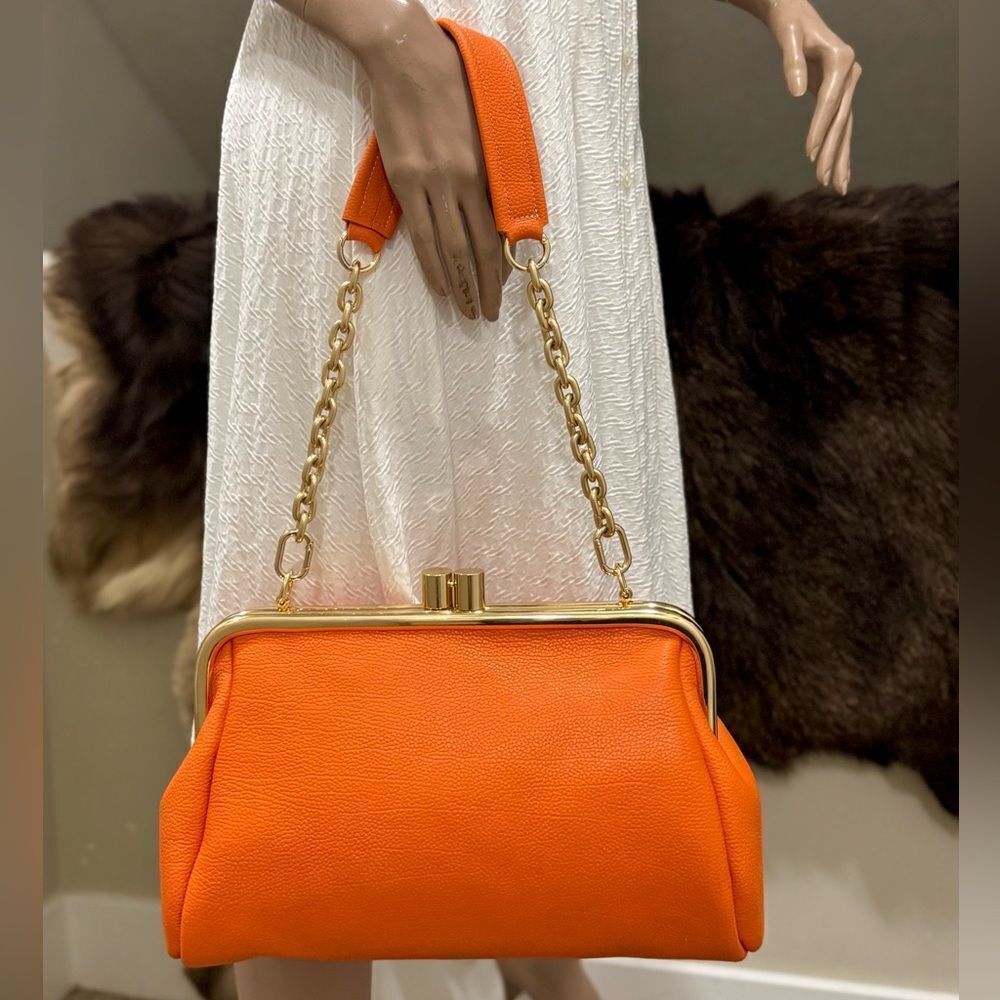 Orange Premium Pebble Cowhide Handmade Large Kiss Lock Handbag/ Multi Use Style